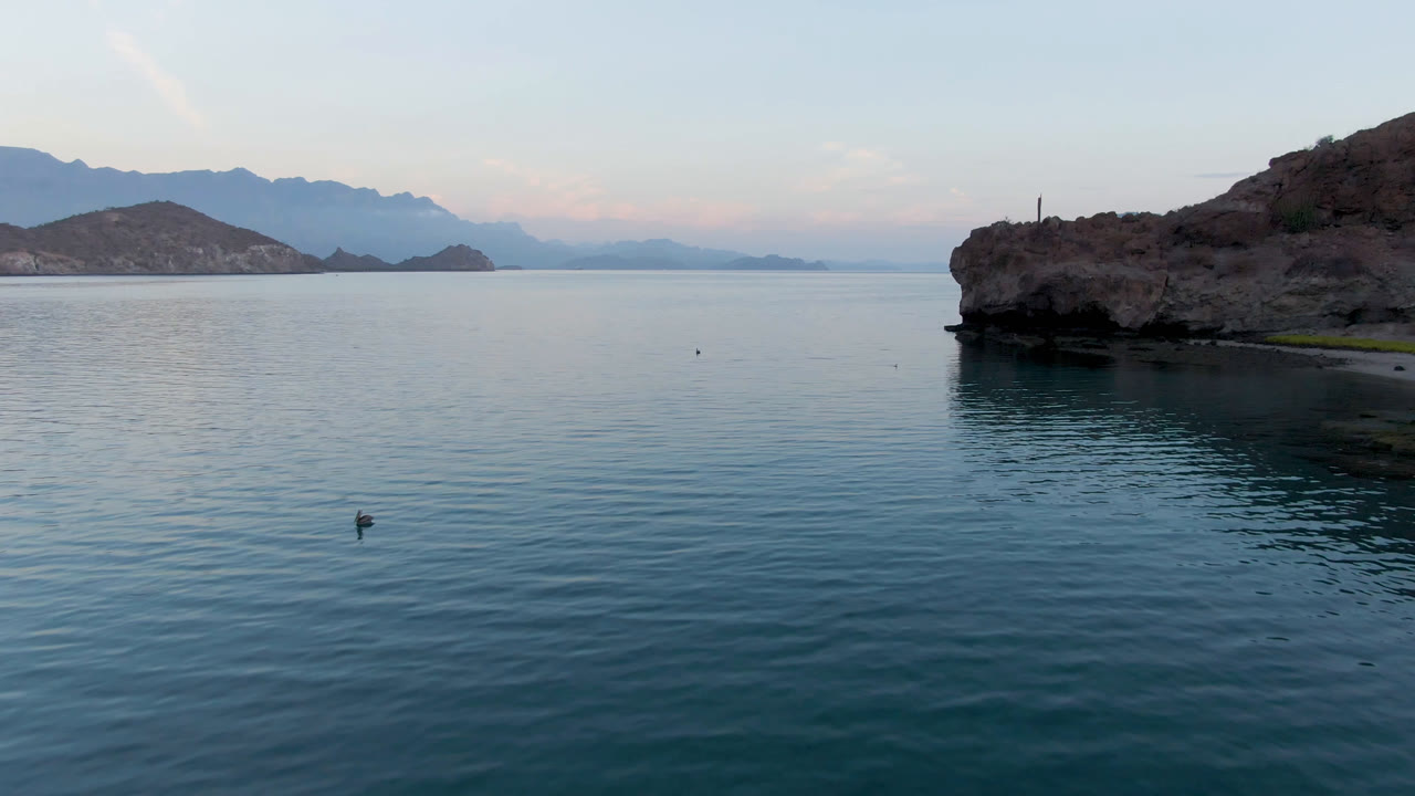 A small floating bird sits low on the rippled water in Loreto, Mexico, while the rocky shoreline remains to the right and hazy mountains sit behind it, with no visible people.