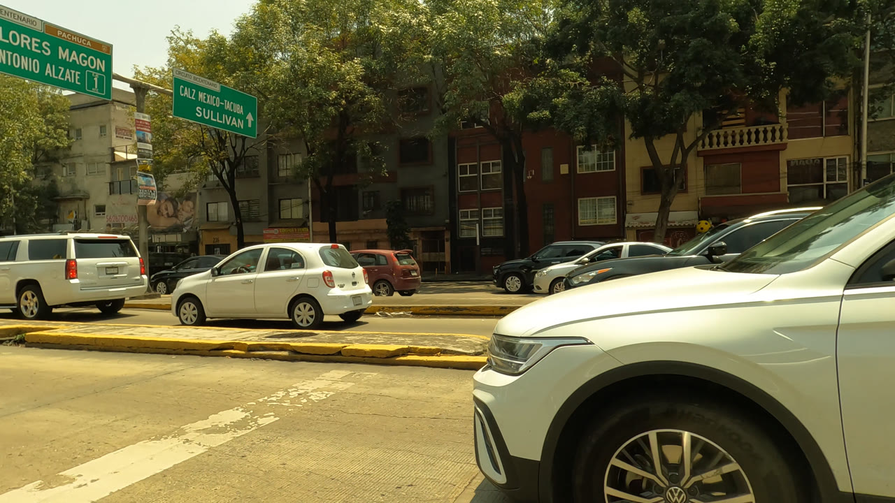 White SUV entering the foreground on a tree-lined Mexico City road.