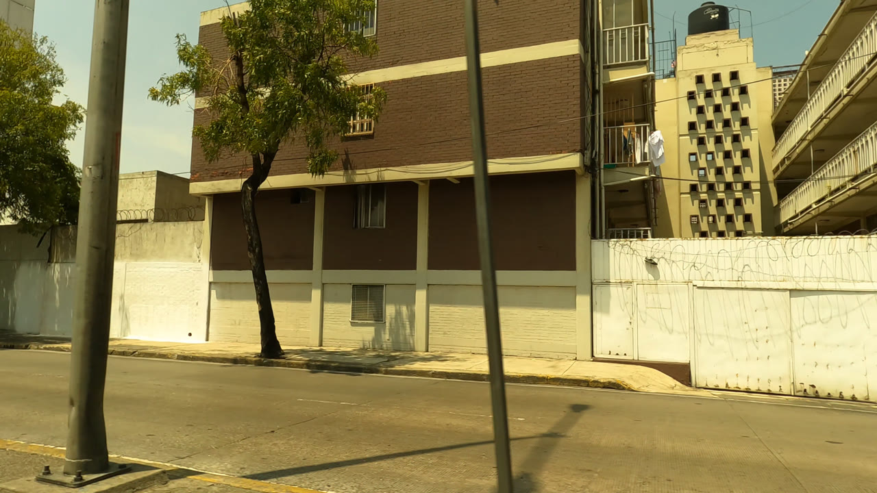 Mexico City street view with a white perimeter wall, roadside trees, utility poles, apartment buildings, warm daylight, and no visible people.
