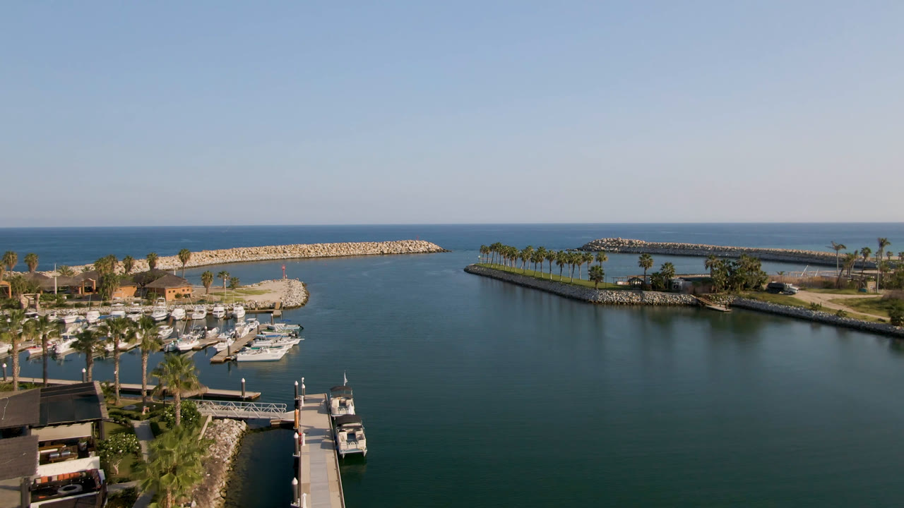 Opening aerial frame of Puerto Los Cabos with white boats docked at left, palm trees along the foreground shoreline, rock breakwaters, blue ocean, and no visible people.