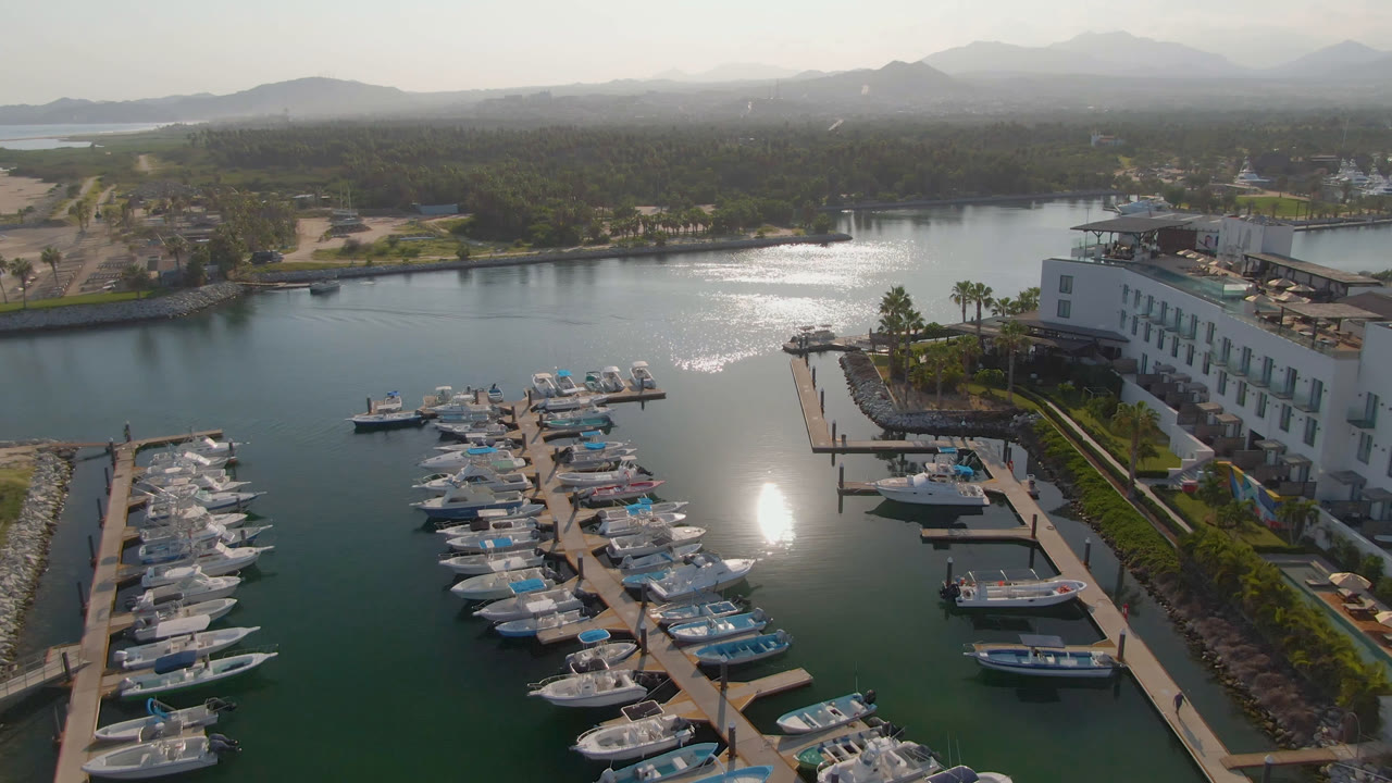 Wide aerial of a marina, white resort, palm landscaping, and boats at slips.