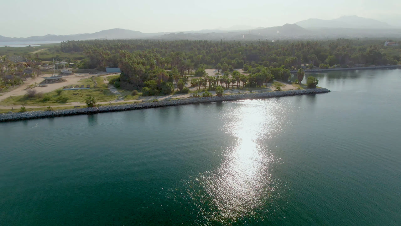 Aerial coastal view with rippled water, rocky shoreline, palms, and hills in haze.