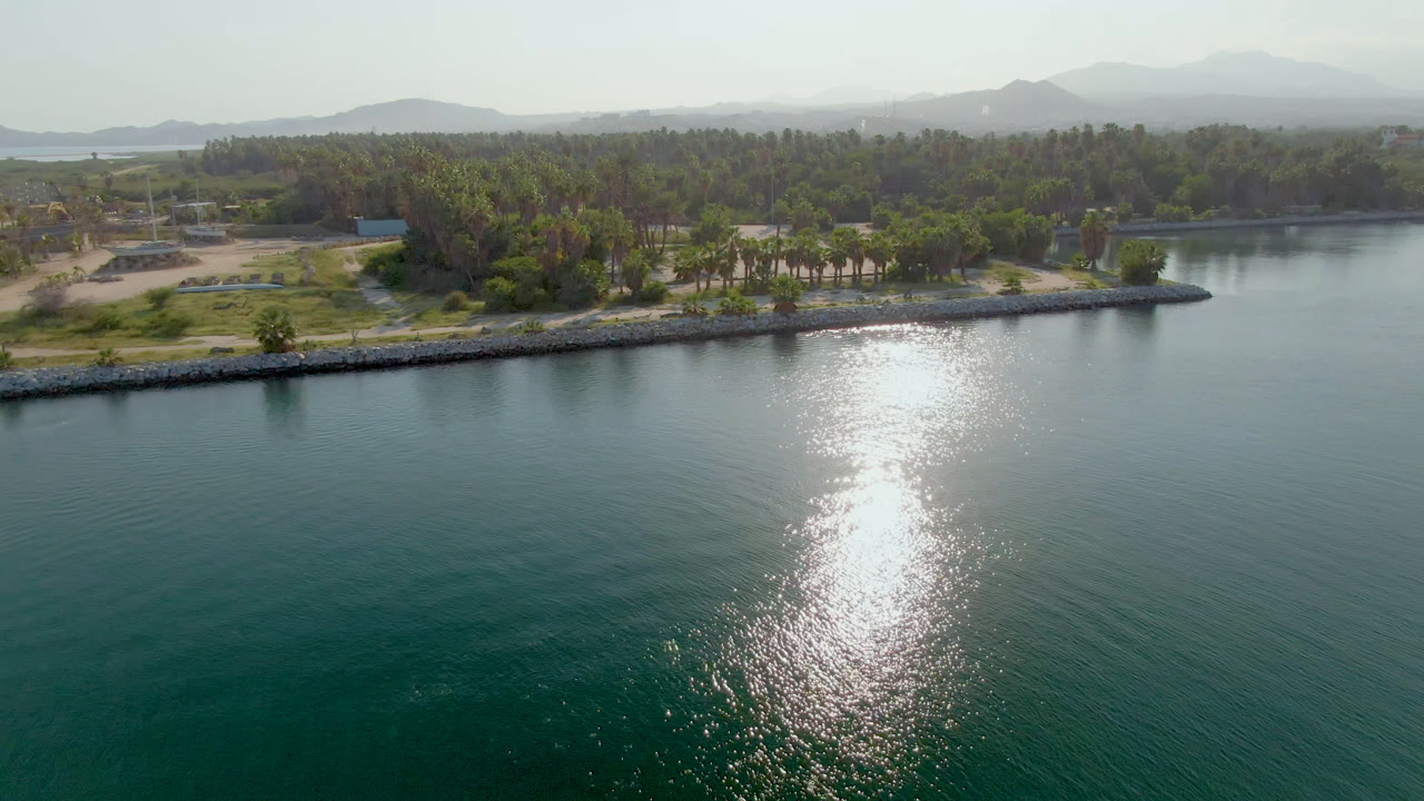 Aerial frame from Puerto Los Cabos looking over green-blue water with a wide sun reflection, rocky shoreline, dense trees, distant hills, and no visible people.