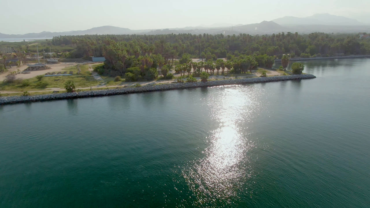 Puerto Los Cabos aerial view with the sun glare shifted across the water, a low rock barrier along the shore, a tree-covered peninsula, and no visible people.