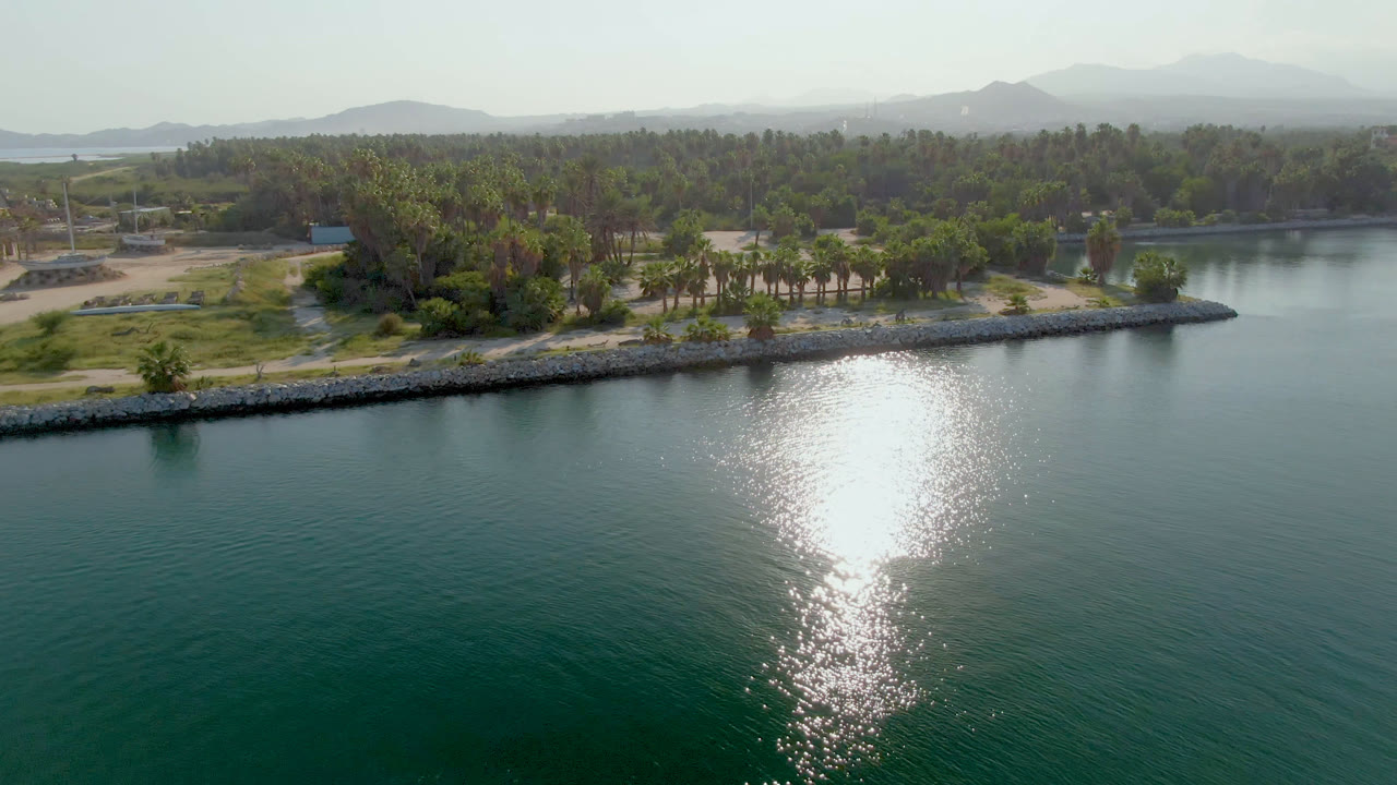 Second frame holds the Puerto Los Cabos waterfront from above, with rippled water, centered sun glare, palms behind the rock edge, hazy hills, and no visible people.