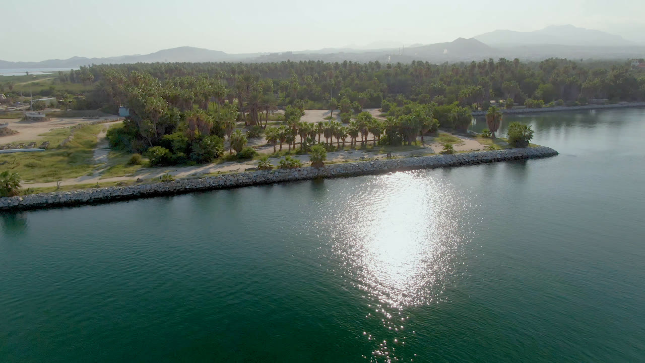 Puerto Los Cabos aerial frame showing the sun glare centered on the water, the palm-covered island across the middle of the image, hazy hills beyond, and no visible people.