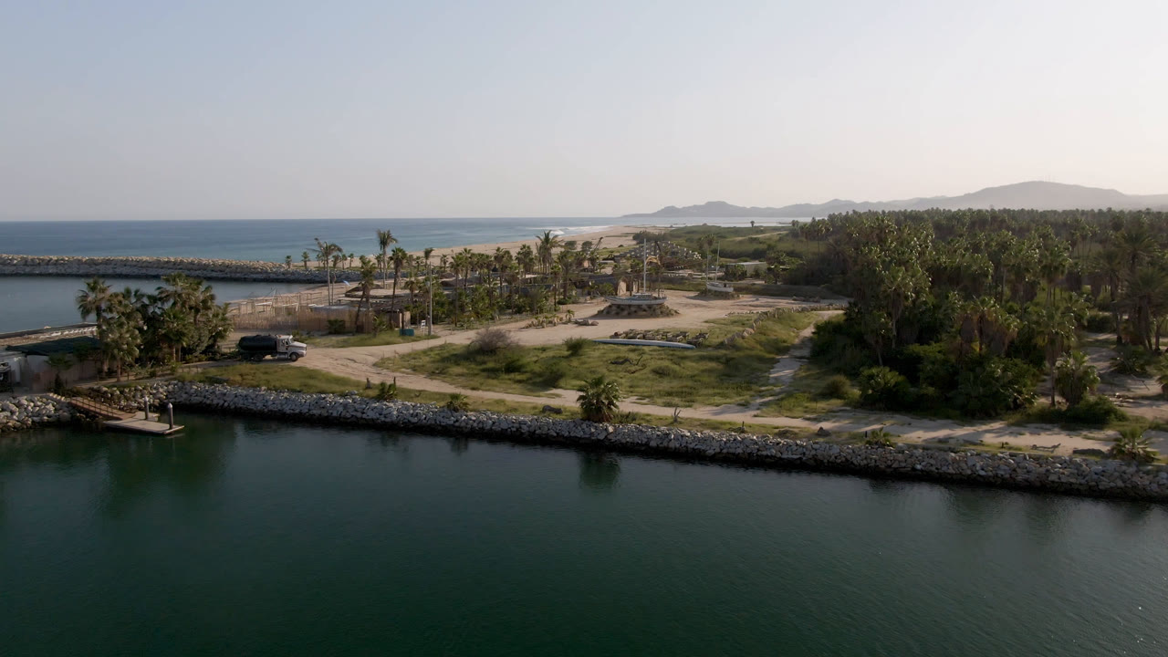 Aerial view of coastal water and a palm-lined shore with a parked dark vehicle and distant beach.