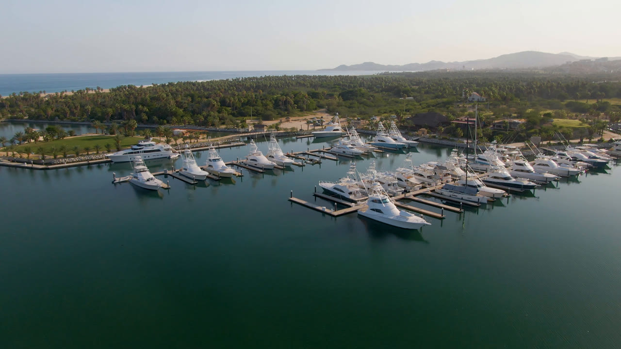Aerial frame over Puerto Los Cabos showing dark green foreground water, rows of white boats in marina slips, trees and ocean beyond, hazy mountains on the horizon, and no visible people.