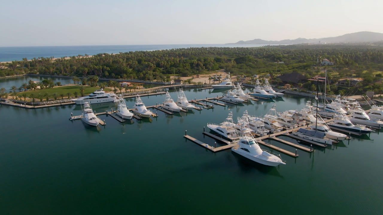 Aerial frame over Puerto Los Cabos showing white yachts and sportfishing boats in marina slips, green water in the foreground, coastal trees and ocean beyond, and no visible people.