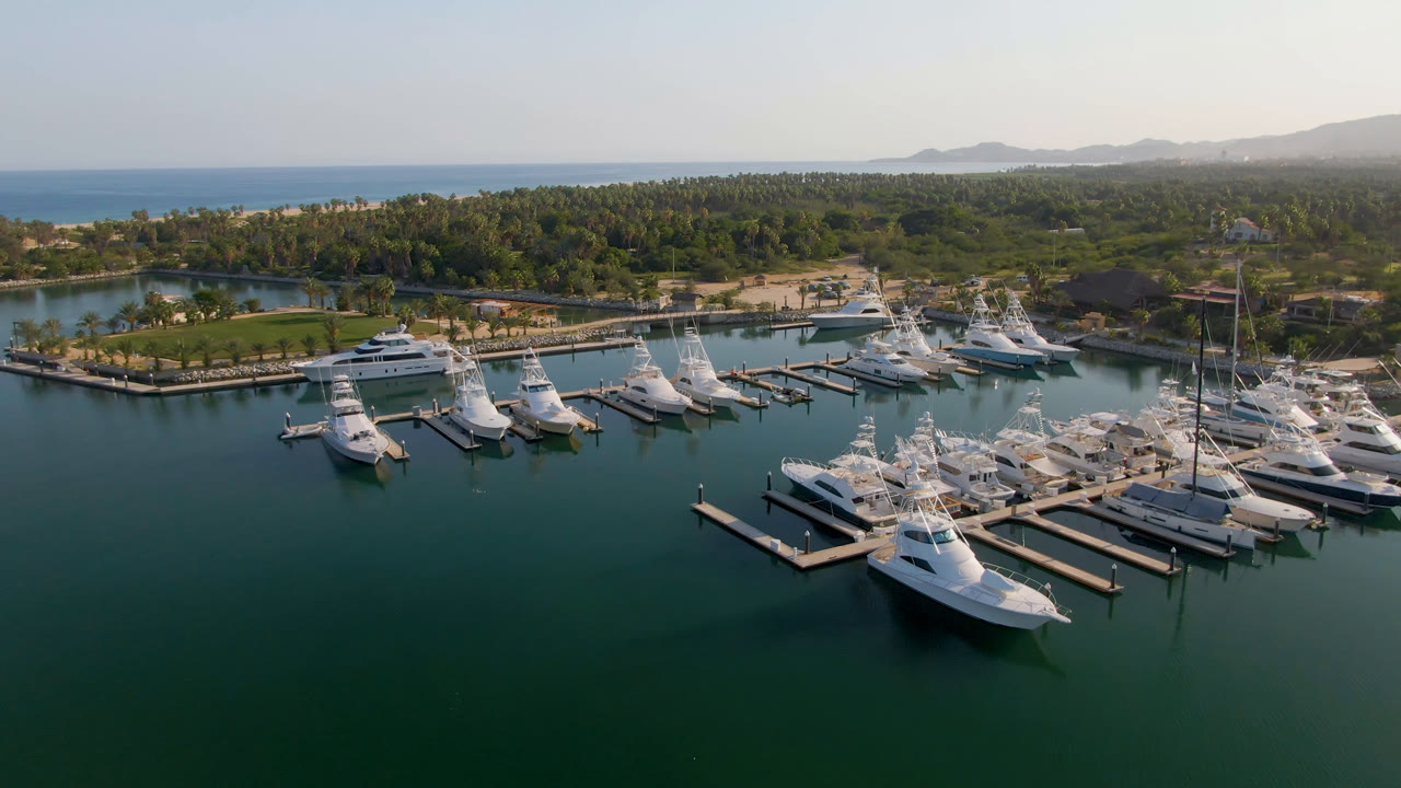 Wide drone view of a marina with boats, docks, trees, ocean, and distant hills.