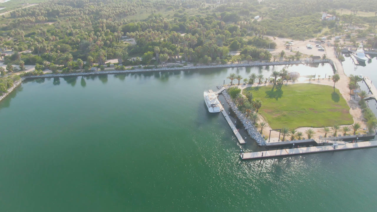 Aerial view of green water, a docked point of land, palms, and a small boat.