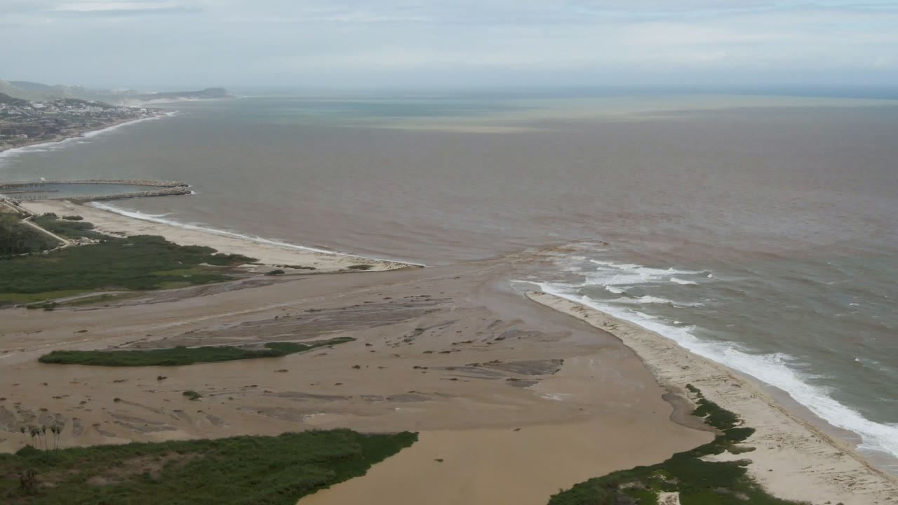 Aerial view over San Jose del Cabo coastline with tan beach, green vegetation, pale surf, brown-blue ocean water, distant shore, and no visible people.