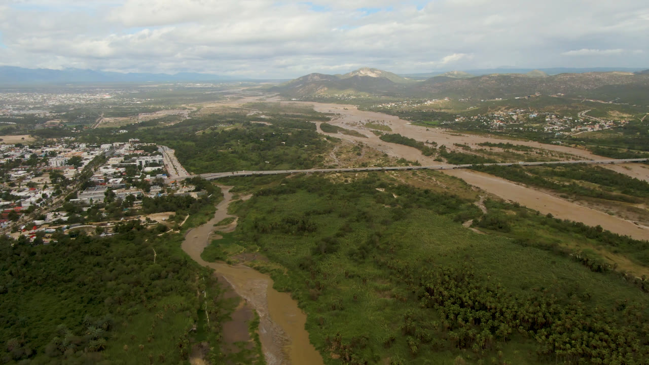 High aerial landscape with winding muddy river, green valley, town buildings, roads, and mountains.