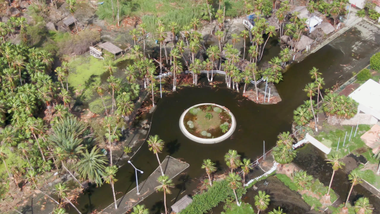 At one second, the San Jose del Cabo aerial view holds on the circular pond feature, palm clusters, green banks, path junctions, and no visible people.