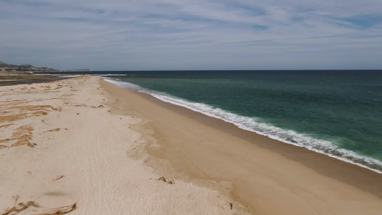 Sandy coastline with scattered driftwood and waves rolling onto shore.