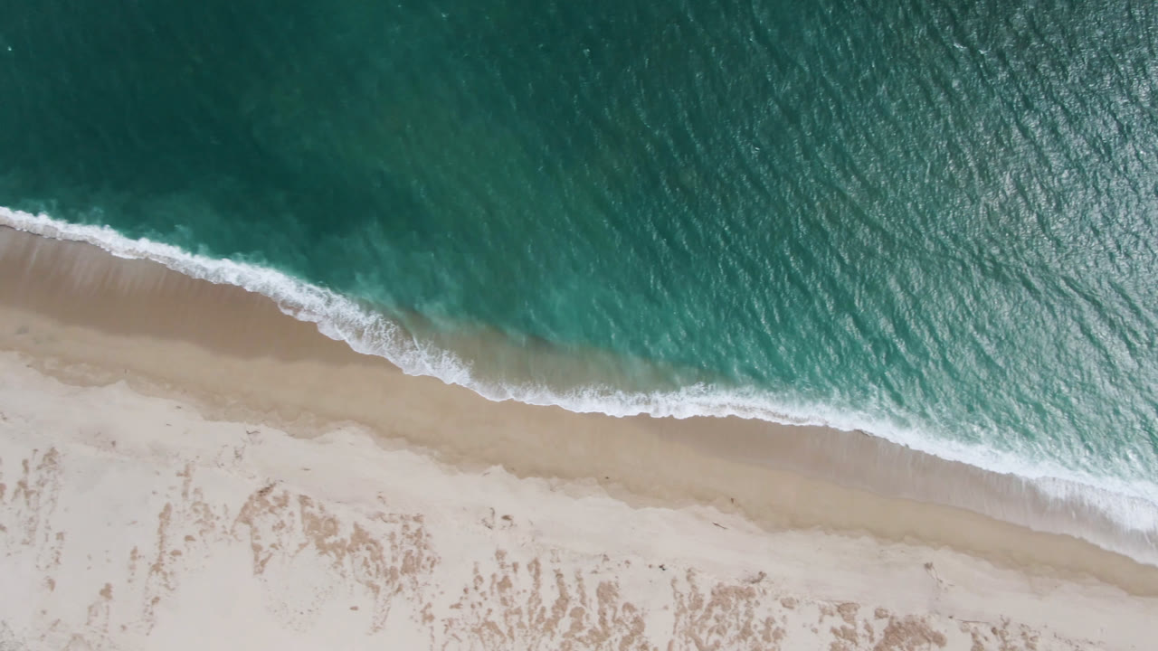Overhead view of teal water and white surf reaching pale sand in San Jose del Cabo, with no visible people.