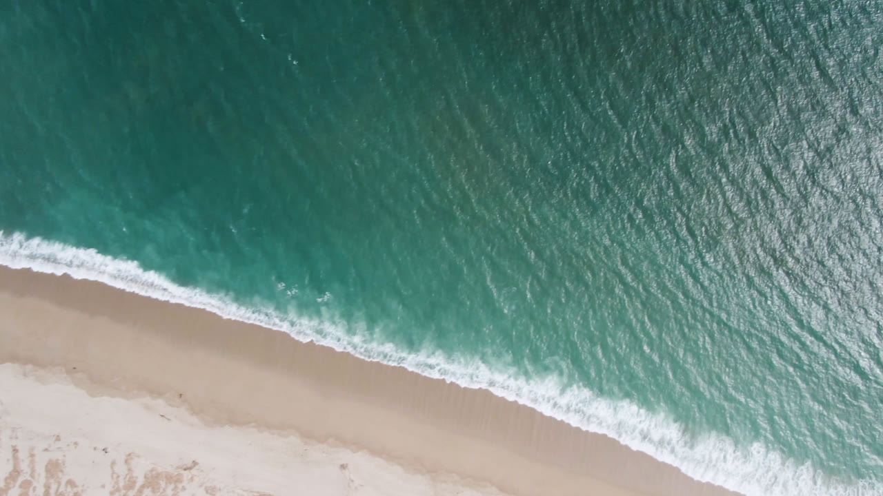 Overhead view of surf curling across an empty beach.
