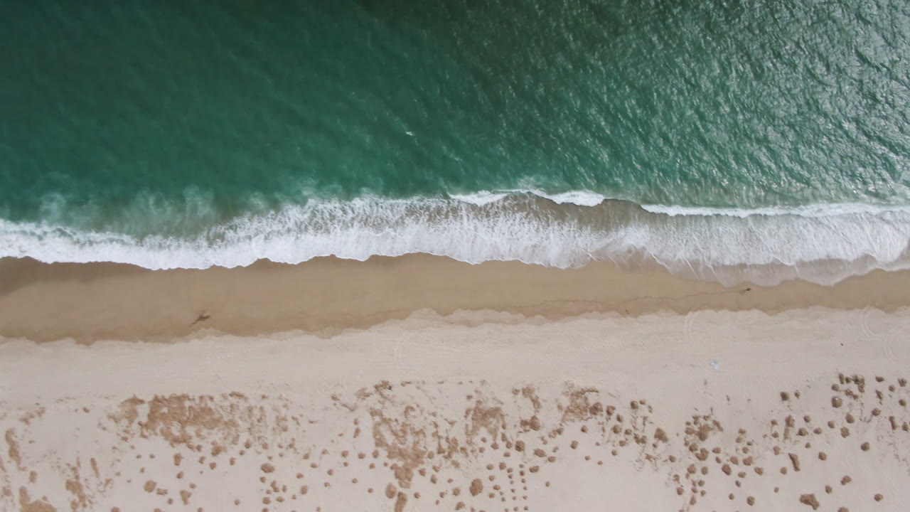 Overhead view of San Jose del Cabo shoreline with teal water meeting pale sand, scattered scrub below the beach, and no visible people at the start of the clip.
