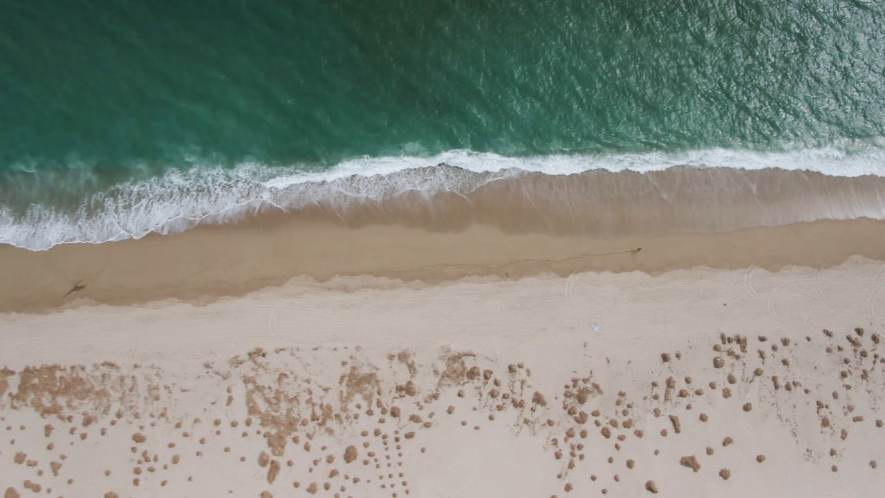 Top-down beach view with foamy surf, tan shoreline, pale sand, and sparse scrub.