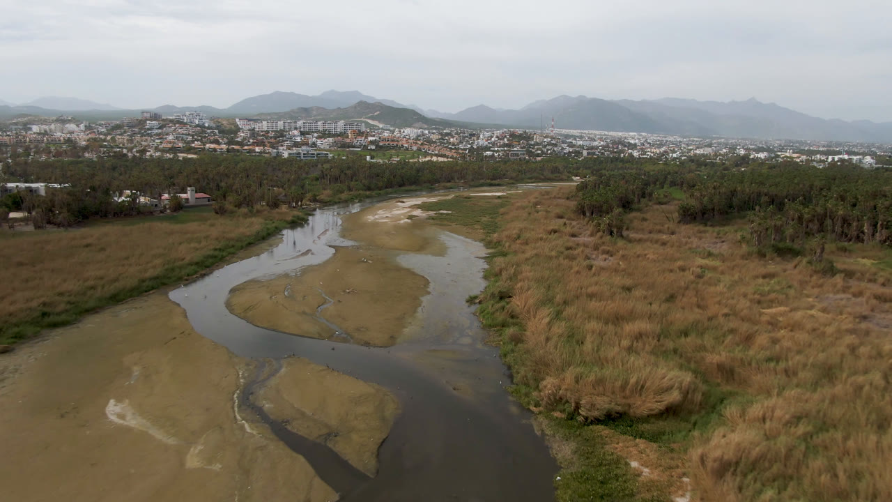 Aerial view in San Jose del Cabo holds over the winding river and exposed sandbars, with dry reeds at right, a tree line, distant city buildings, mountains, and no visible people.