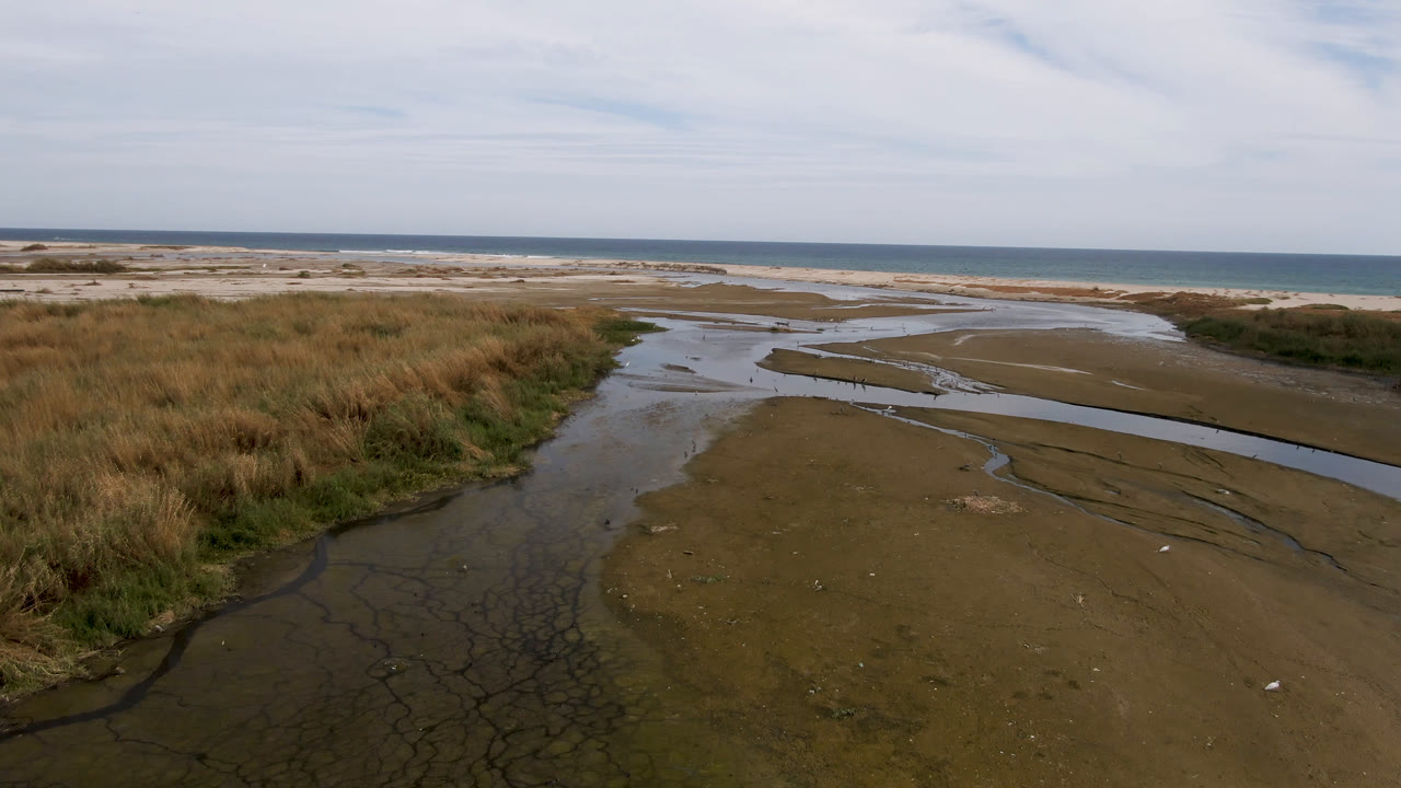 Aerial frame from San Jose del Cabo showing a shallow stream over dark wet sand, tall grass on the left, ocean on the horizon, and no visible people.
