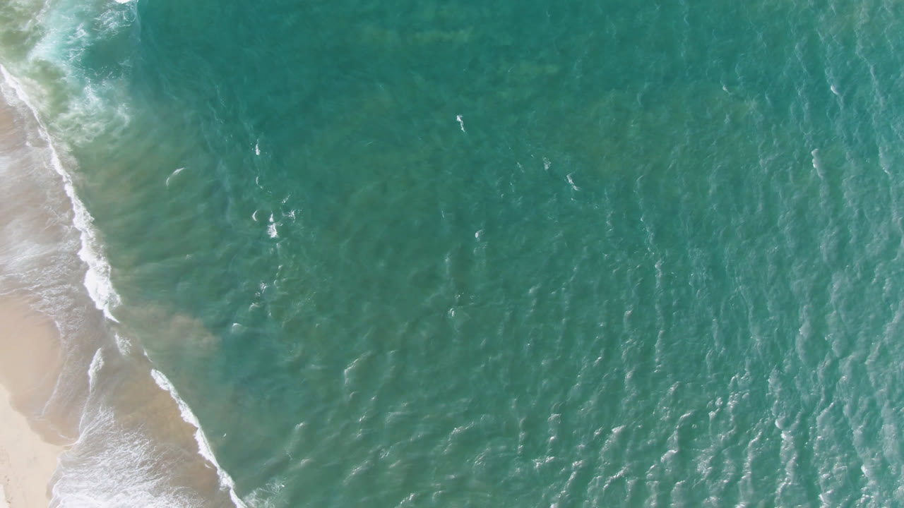 Turquoise ocean with beach edge and small white specks offshore