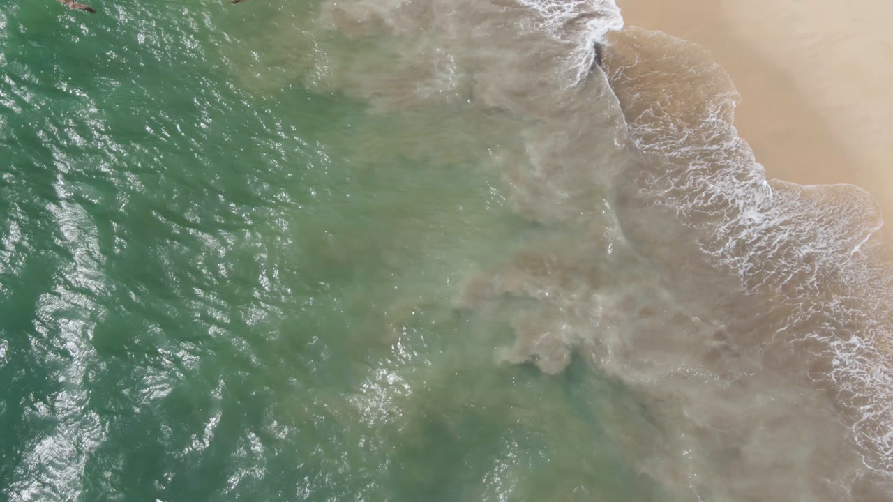 Overhead view of green-blue water and white foam reaching tan sand in San Jose del Cabo, with no visible people in this opening frame.