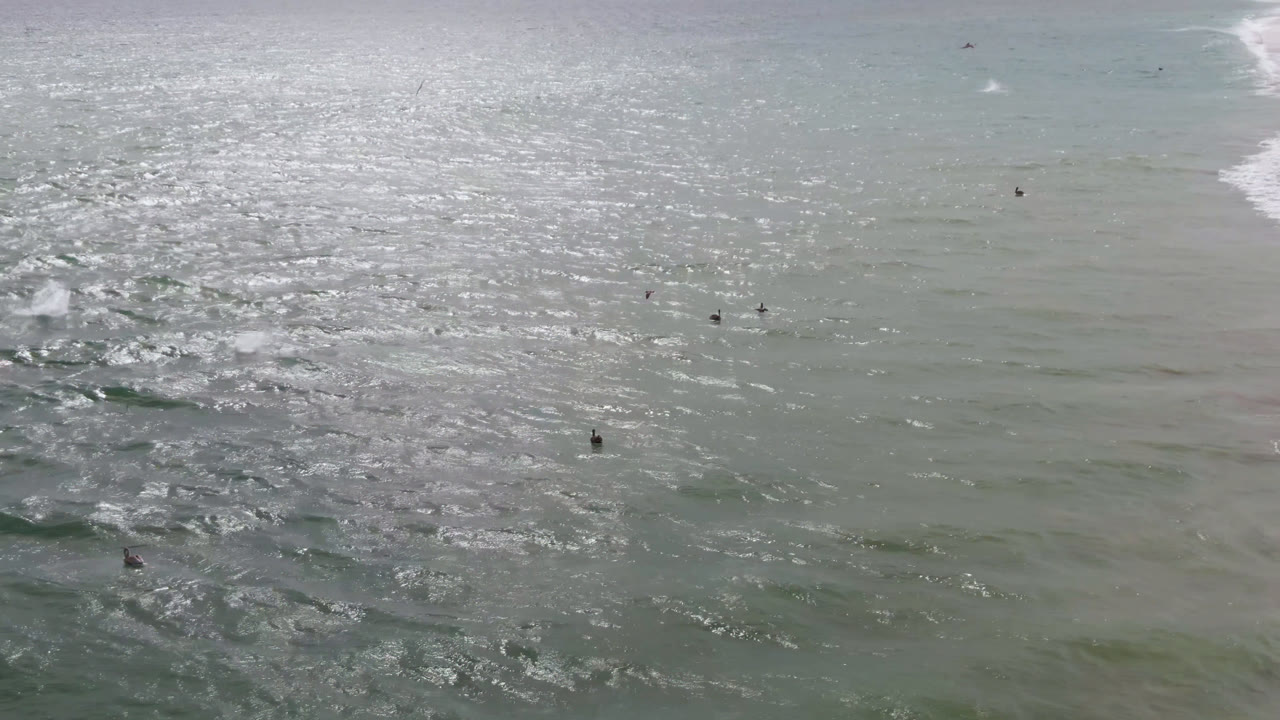 Overhead San Jose del Cabo surf view with small distant riders in the midwater, white foam bands crossing the upper frame, and reflective ripples across the ocean surface.
