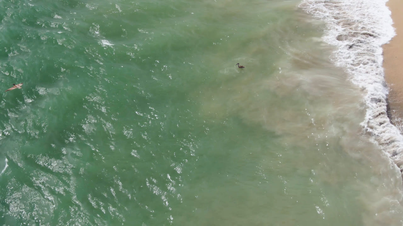 Overhead ocean water and shorebreak with tiny distant surfboards near the beach.