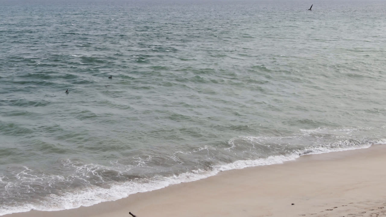Elevated view of small waves washing onto a sandy beach.
