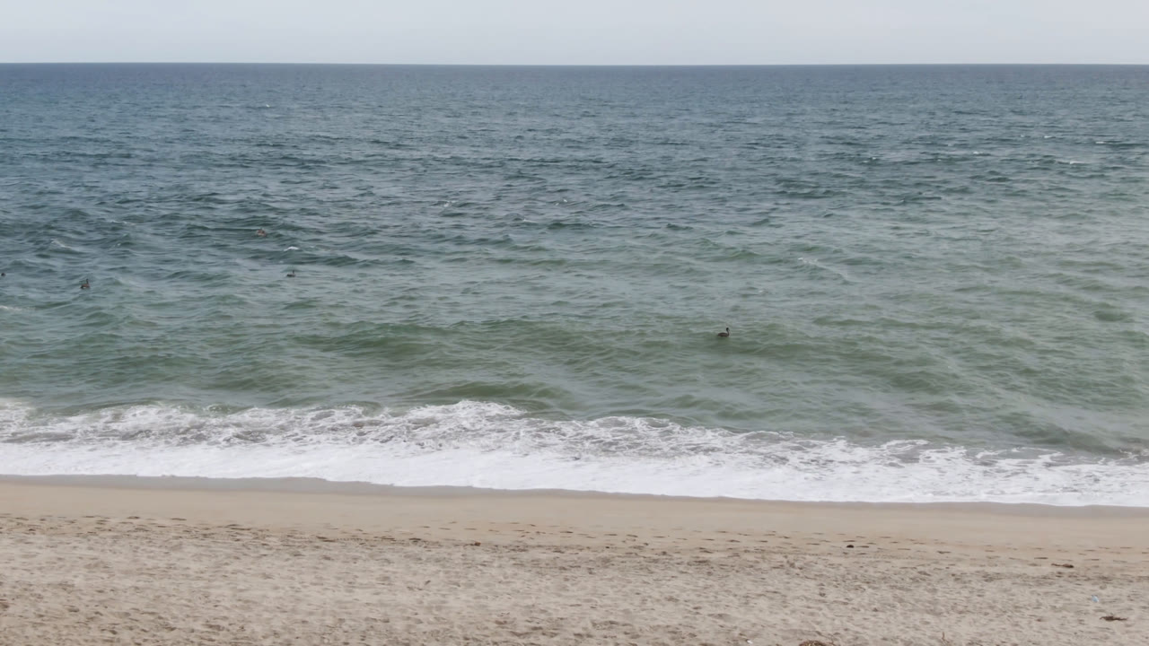 Wide view of the San Jose del Cabo shoreline with pale sand in the foreground, breaking surf near shore, and tiny distant people scattered in the water.