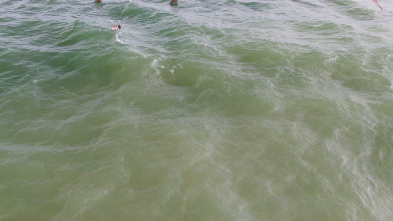 Aerial frame over San Jose del Cabo water showing broad green waves, pale foam lines, and tiny surfers spaced across the upper half.