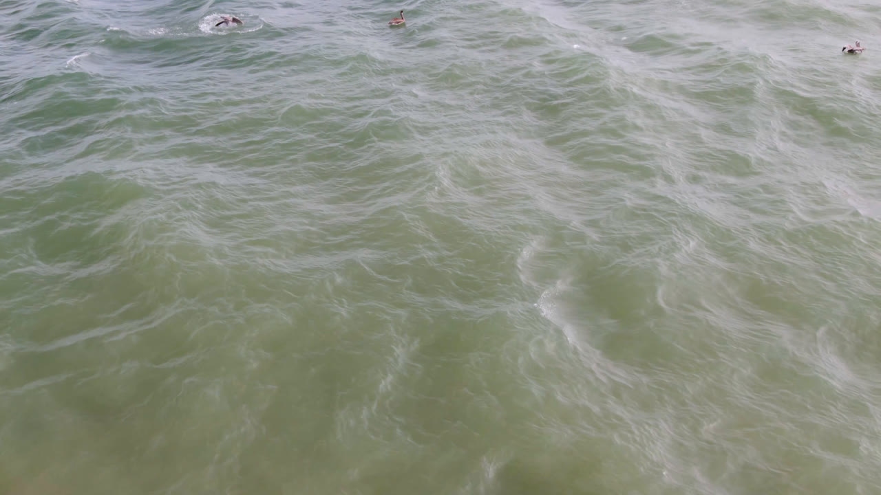 Top-down aerial frame over San Jose del Cabo ocean water, with pale foam lines across green waves and a few tiny surfers near the upper edge, no recognizable people.