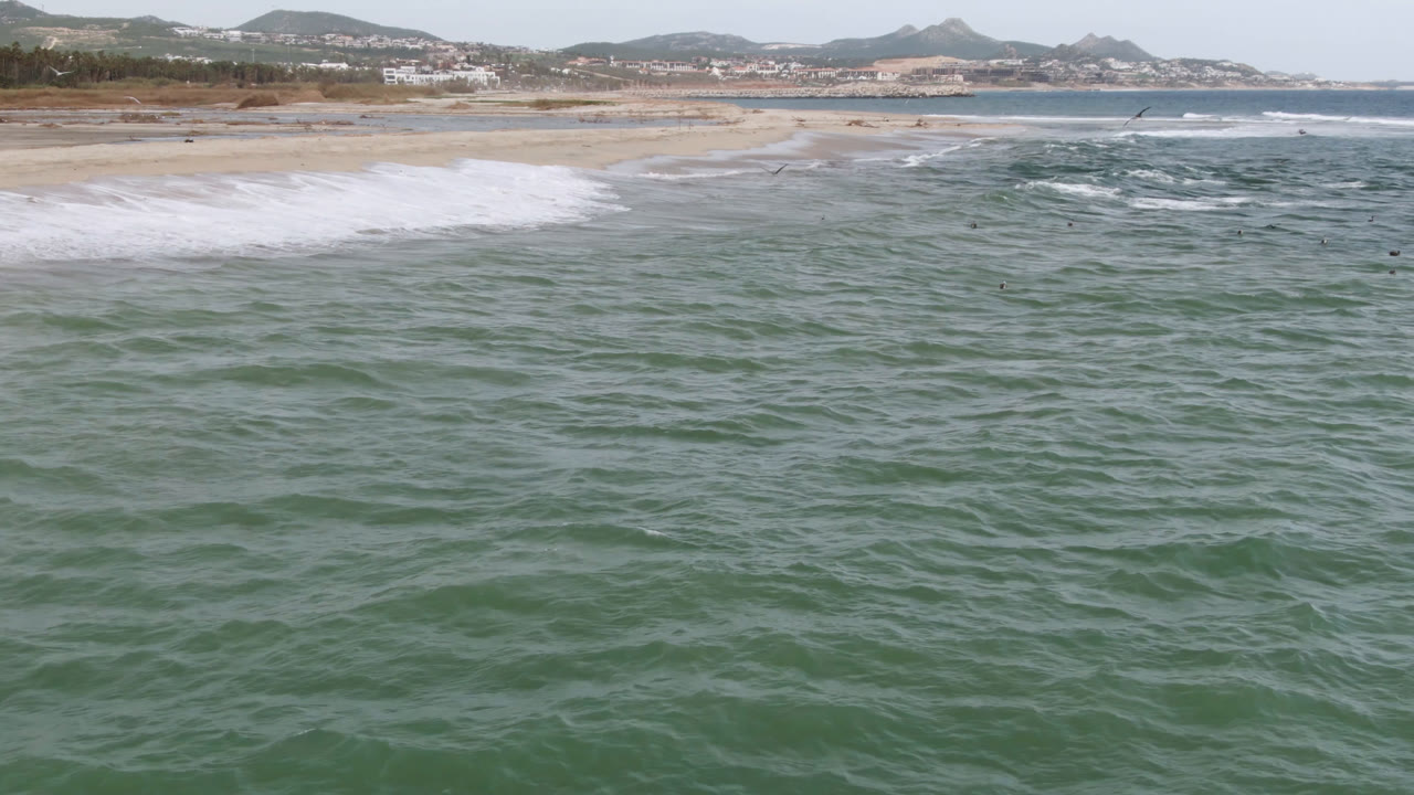 Aerial shoreline frame in San Jose del Cabo showing choppy green water in front, a pale sandbar, white wave lines, and surfers scattered in the distance.