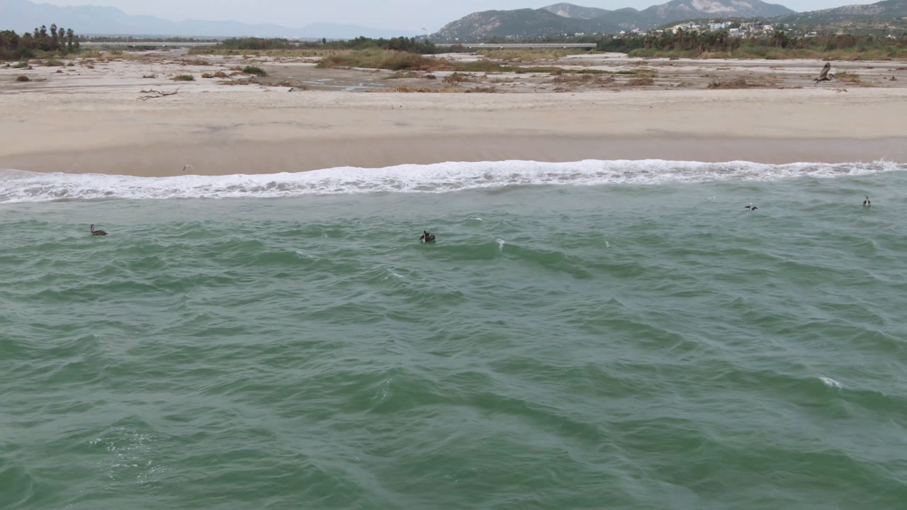 Aerial frame over the San Jose del Cabo shoreline with small surfers beyond the break, pale sand behind the foam, and mountains and low development along the horizon.