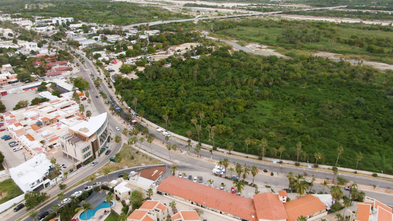 San Jose del Cabo aerial frame with a road junction, white commercial buildings, rows of parked vehicles, palm-lined streets, and broad green vegetation with no visible people.