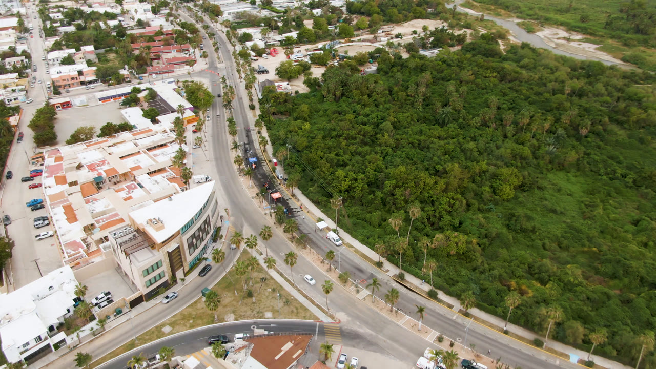 Aerial view in San Jose del Cabo with a road junction near pale buildings on the left and thick green vegetation filling the right side, with no visible people.