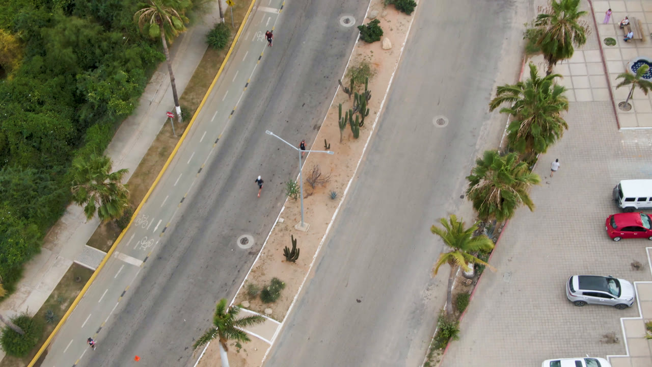 Aerial frame from San Jose del Cabo showing the road shifted slightly across frame, with palms along the curb, a red parked car, a silver car, a white vehicle, sidewalks, and dry planting beds.