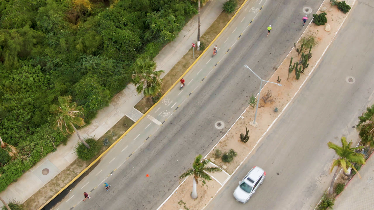 Top-down San Jose del Cabo street view with the white car now near the lower right area, dense greenery at left, a pale sidewalk, palms, and several tiny cyclists or pedestrians along the bike lane.