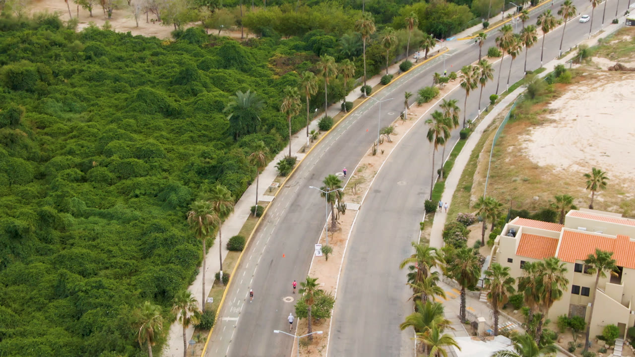 At one second, the San Jose Del Cabo aerial keeps the road along the left side while dense vegetation, a pale sandy clearing, palms, and orange-roofed buildings fill the rest of the frame with no clearly visible people.