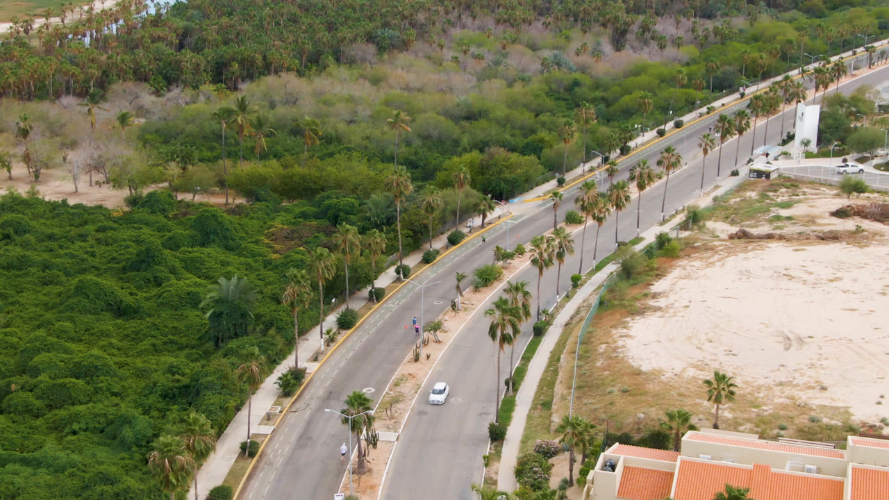 Aerial frame from San Jose del Cabo with the paved road running diagonally past palm trees, green scrubland, a pale sandy lot, and a few small vehicles, with no visible people.