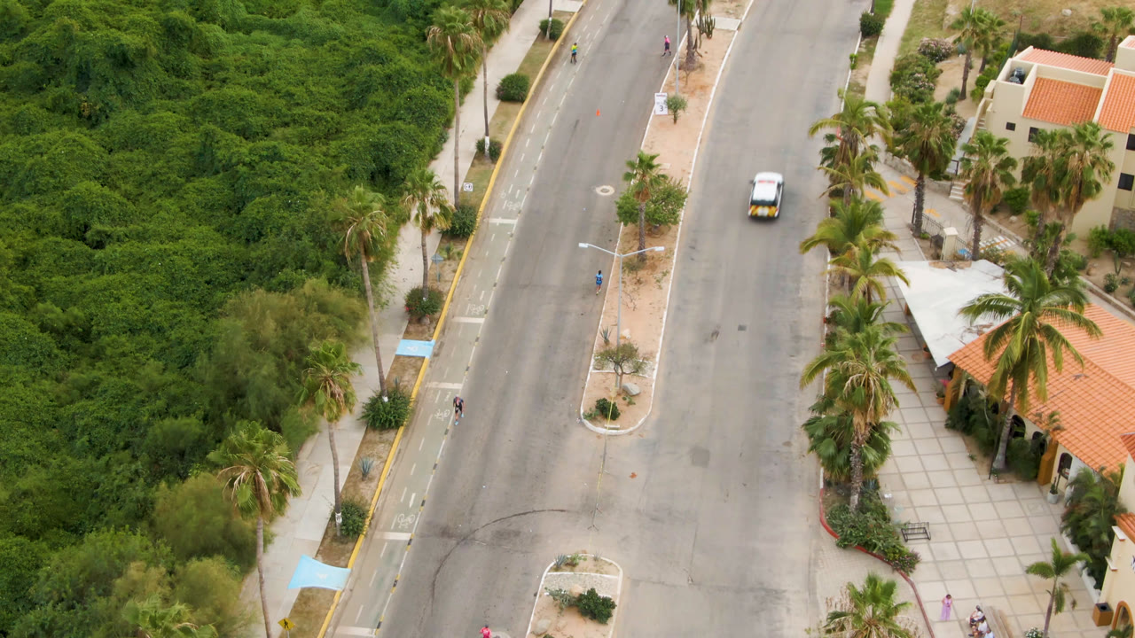 Aerial frame in San Jose Del Cabo with a small white vehicle on the paved road, thick green vegetation, palm trees, sidewalks, and low buildings with red tile roofs.