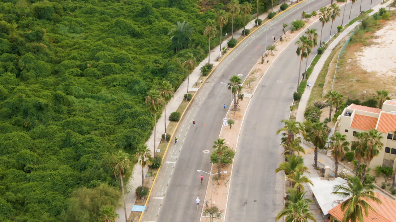 At 0:02, the aerial frame shows the road bending past orange-roofed buildings and palms, with dense green vegetation extending across the background in San Jose del Cabo.