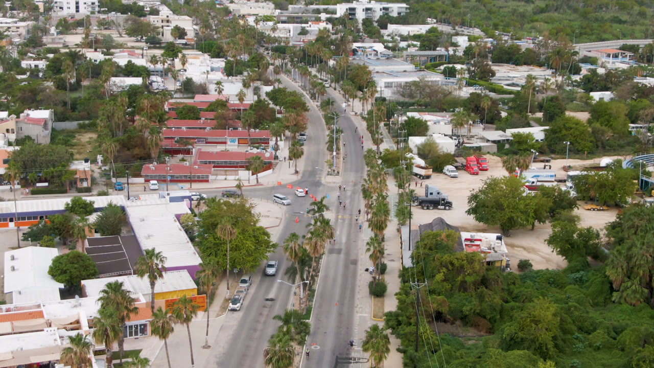 High aerial frame of San Jose del Cabo showing the road through the center, small cars on the pavement, red-roofed buildings, palms, greenery, and no visible people.