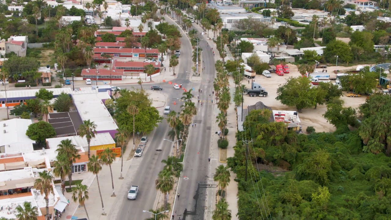Opening aerial frame over San Jose del Cabo showing a broad road, low white buildings, palms, parked cars, and dense green trees with no visible people.