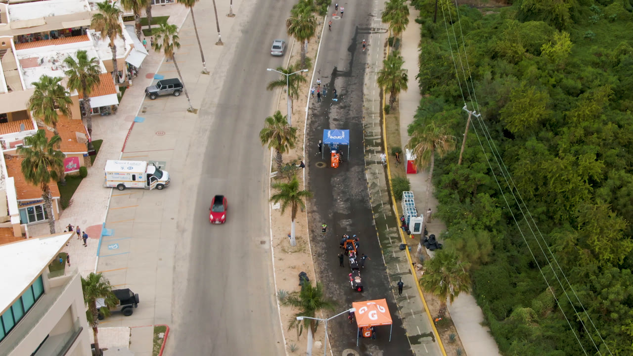 Aerial view of a city road beside palms, buildings, vehicles, and a green tree line.