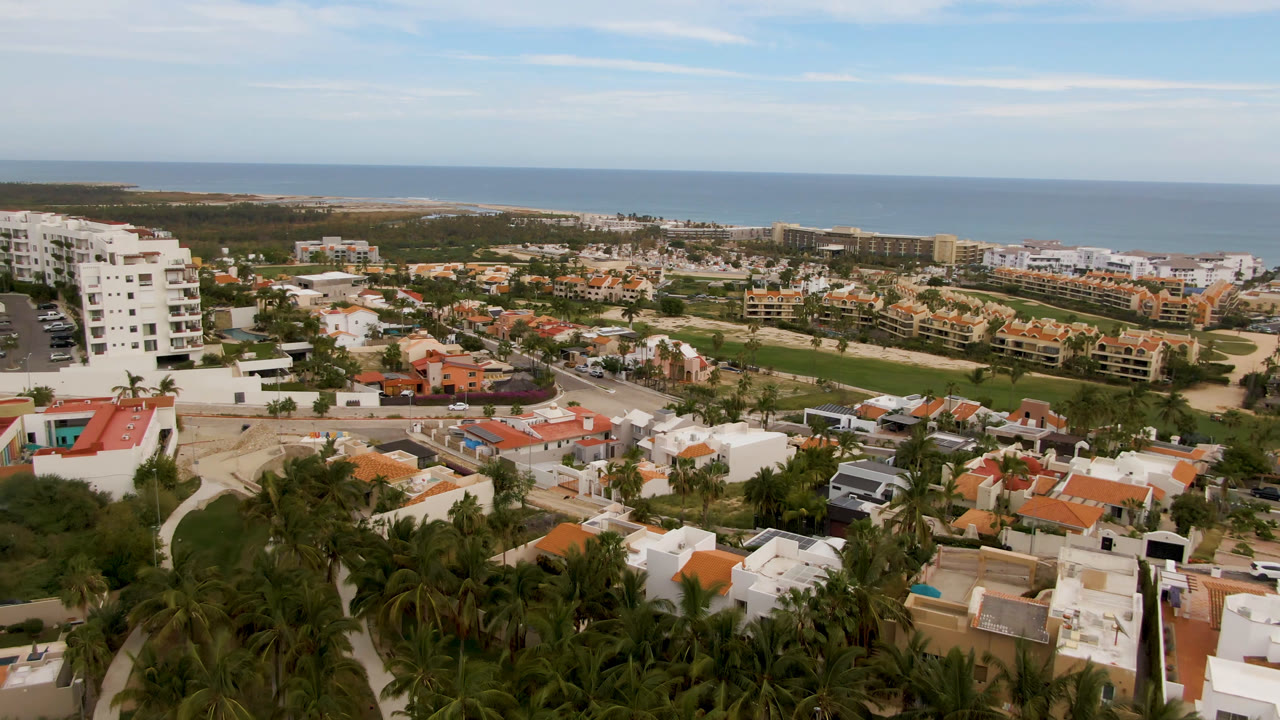Wide aerial view over coastal homes, palms, beach, and ocean.