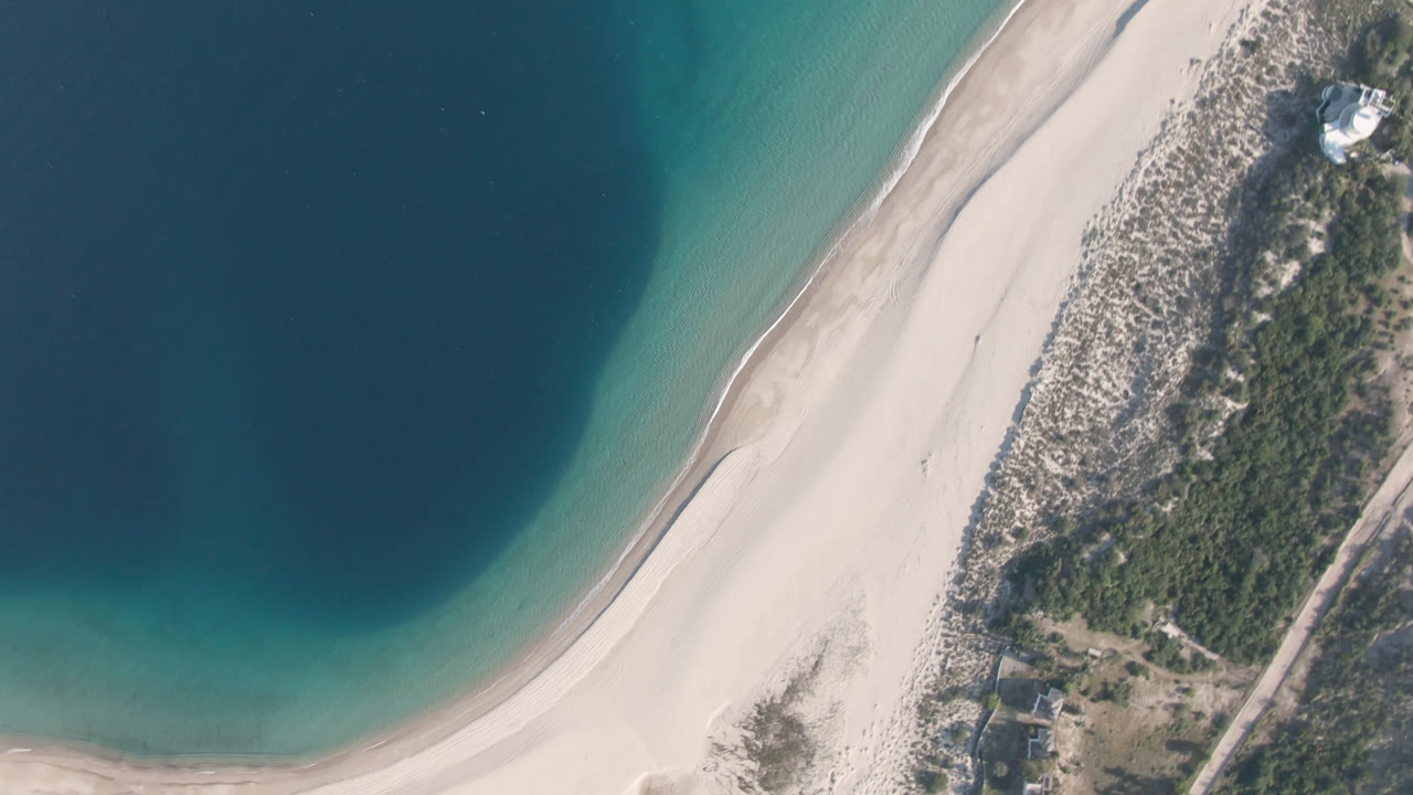 Top-down shoreline with dark water, turquoise shallows, sand beach, and dune edge.