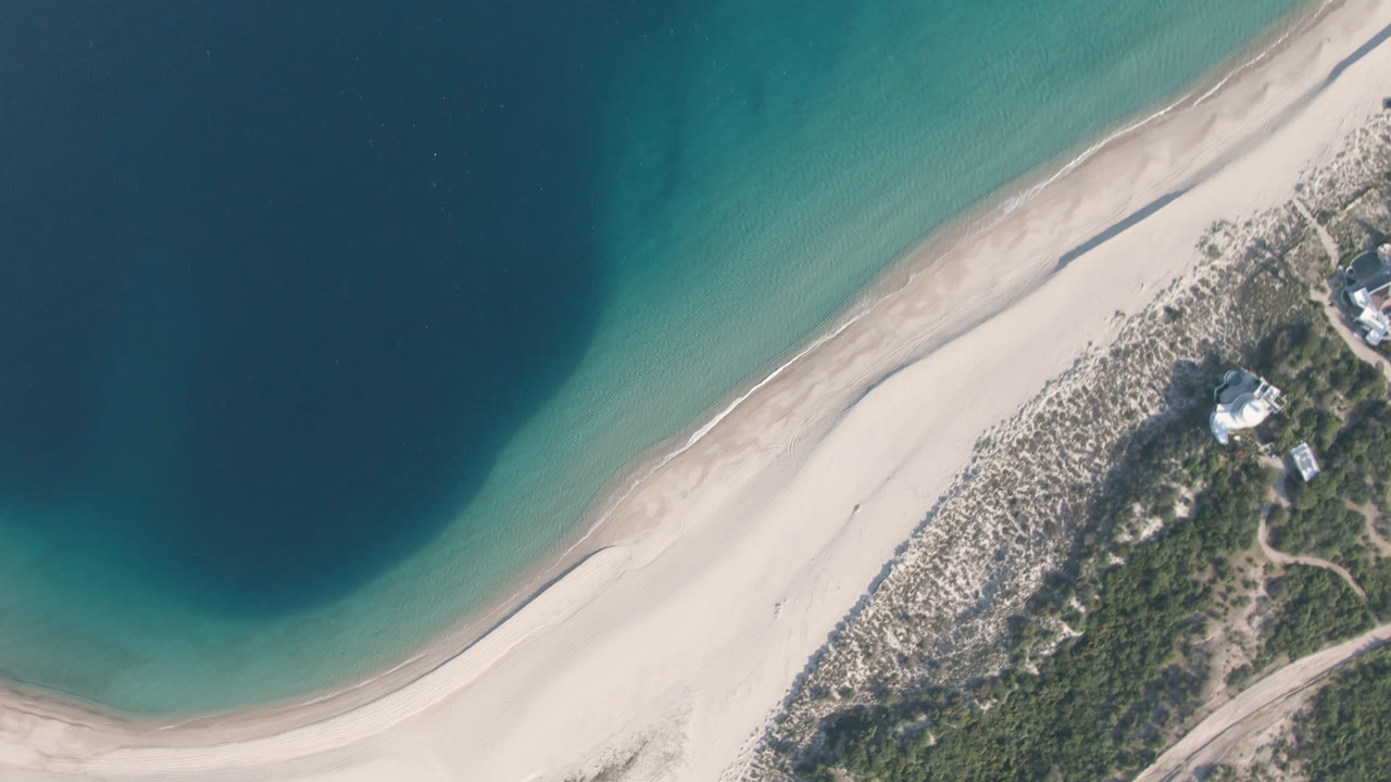 Overhead view of turquoise water meeting a pale sand beach and dune scrub.