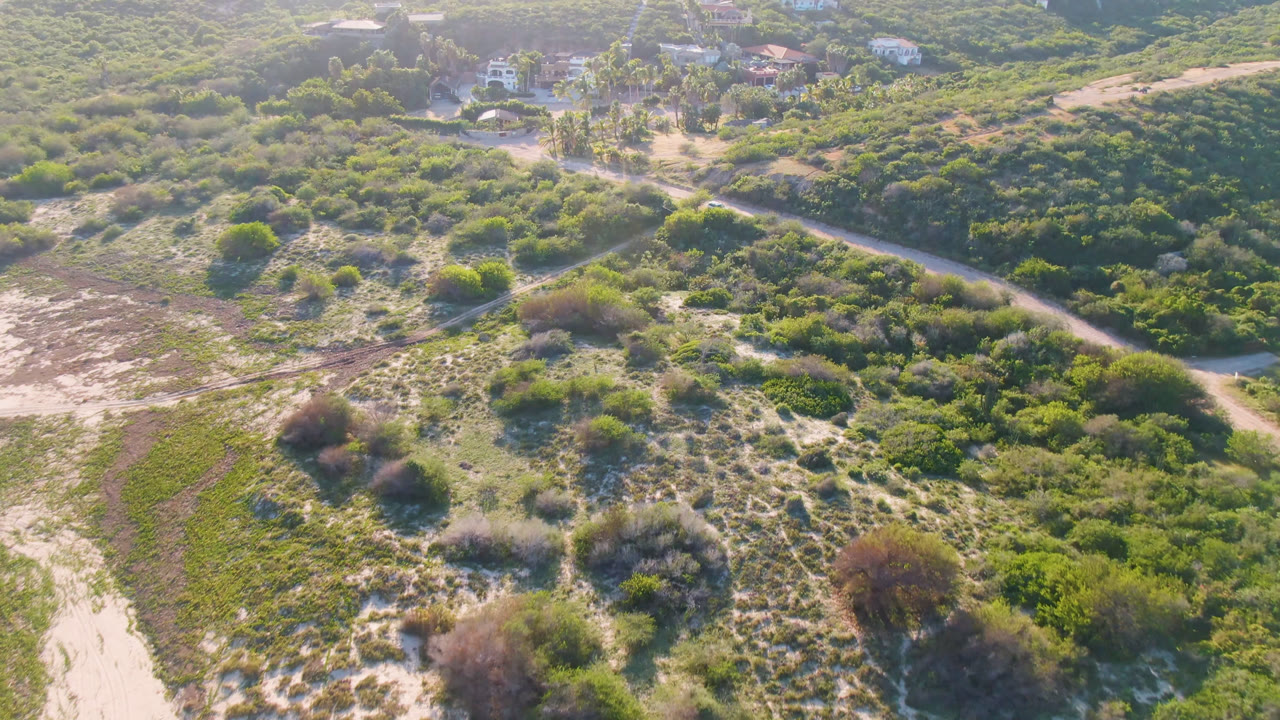 Aerial view of a dirt road through green scrubland